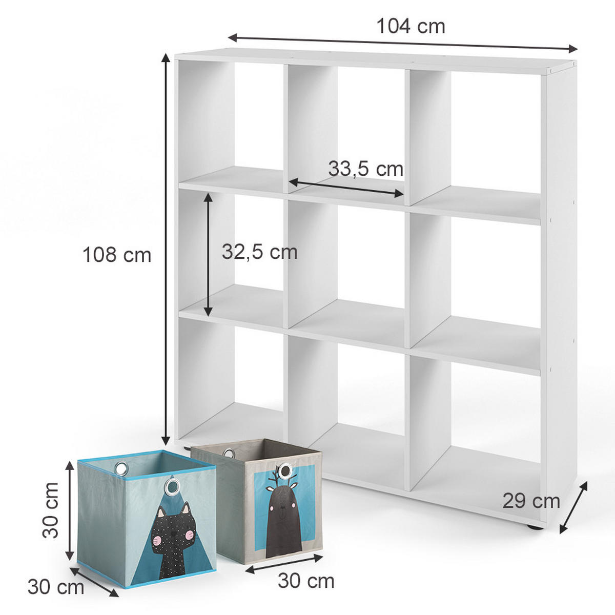 KINDERREGAL Nove Weiß 104 x 108 cm mit 6 Faltboxen - Weiß, Holzwerkstoff (104/108/29cm) - Vicco
