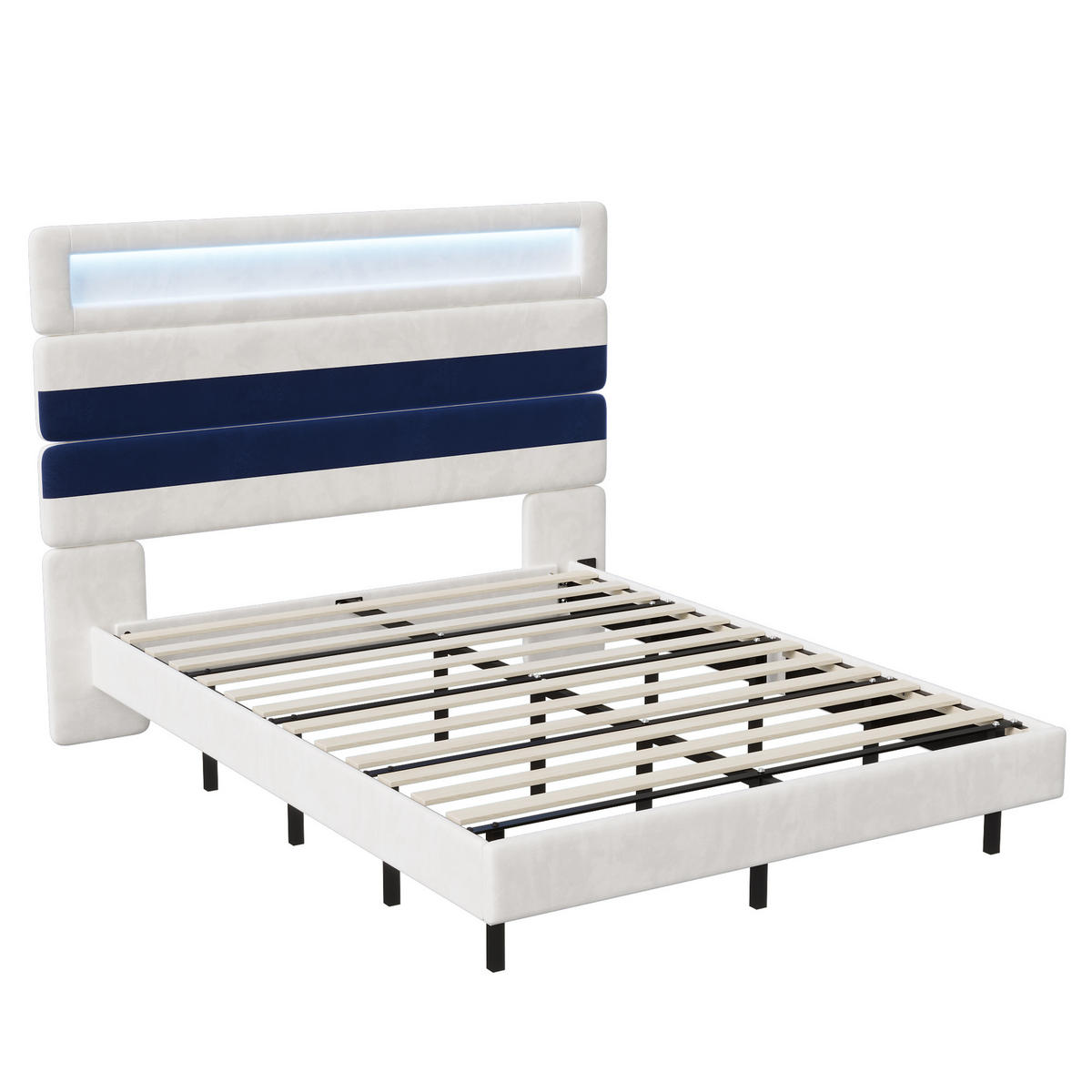 POLSTERBETT 140x190 cm, Weiß/Blau, LED-Beleuchtung und USB - Blau, Textil/Metall (140/190cm)