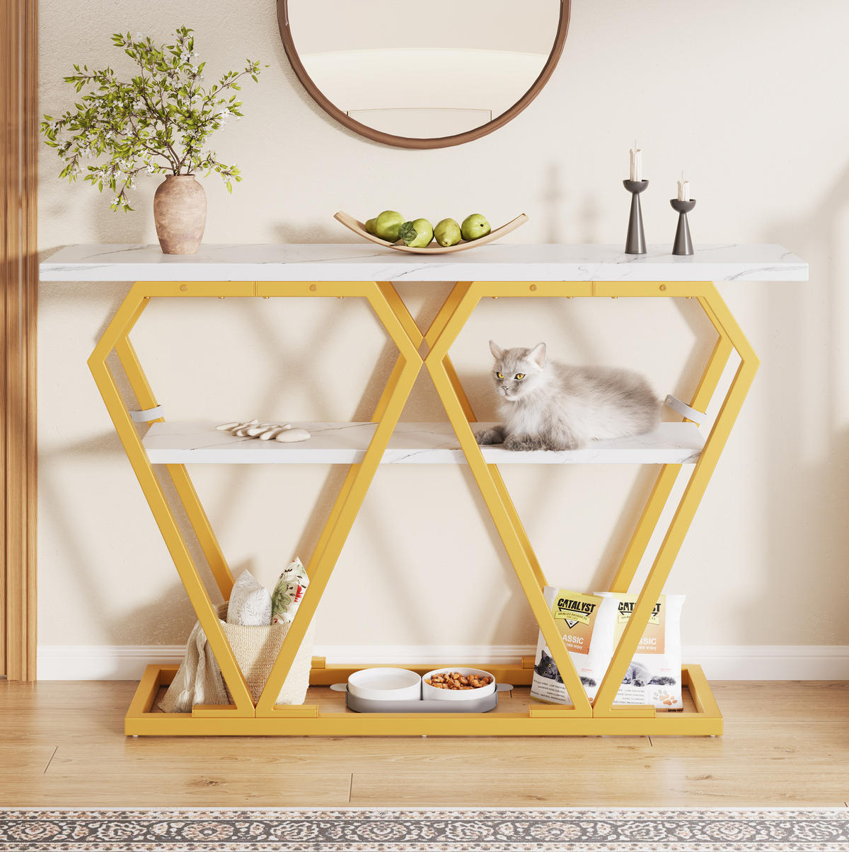 BEISTELLTISCH aus MDF und Metall 120x29,5x80 cm Weiß/Gold mit Ablage in Marmoroptik - Weiß, Holzwerkstoff (120/29.5/80cm) - Modfu