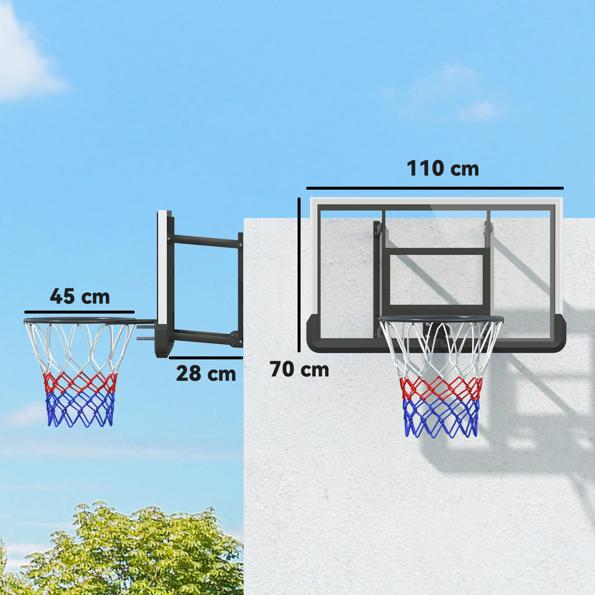 BASKETBALLKORB DE-10354 wandmontiert, gefederter Korb Schwarz - Schwarz, Metall (28/110cm) - ComfortXL