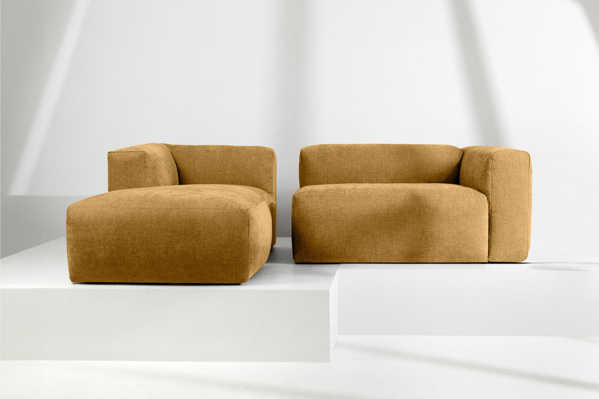 ECKMODULSOFA-LINKS BUFFO 3/4 Sitzer mit extrem weicher Sitzfläche, Gewebestoff, Honig - Gelb, Textil (237/180cm) - KONSIMO®