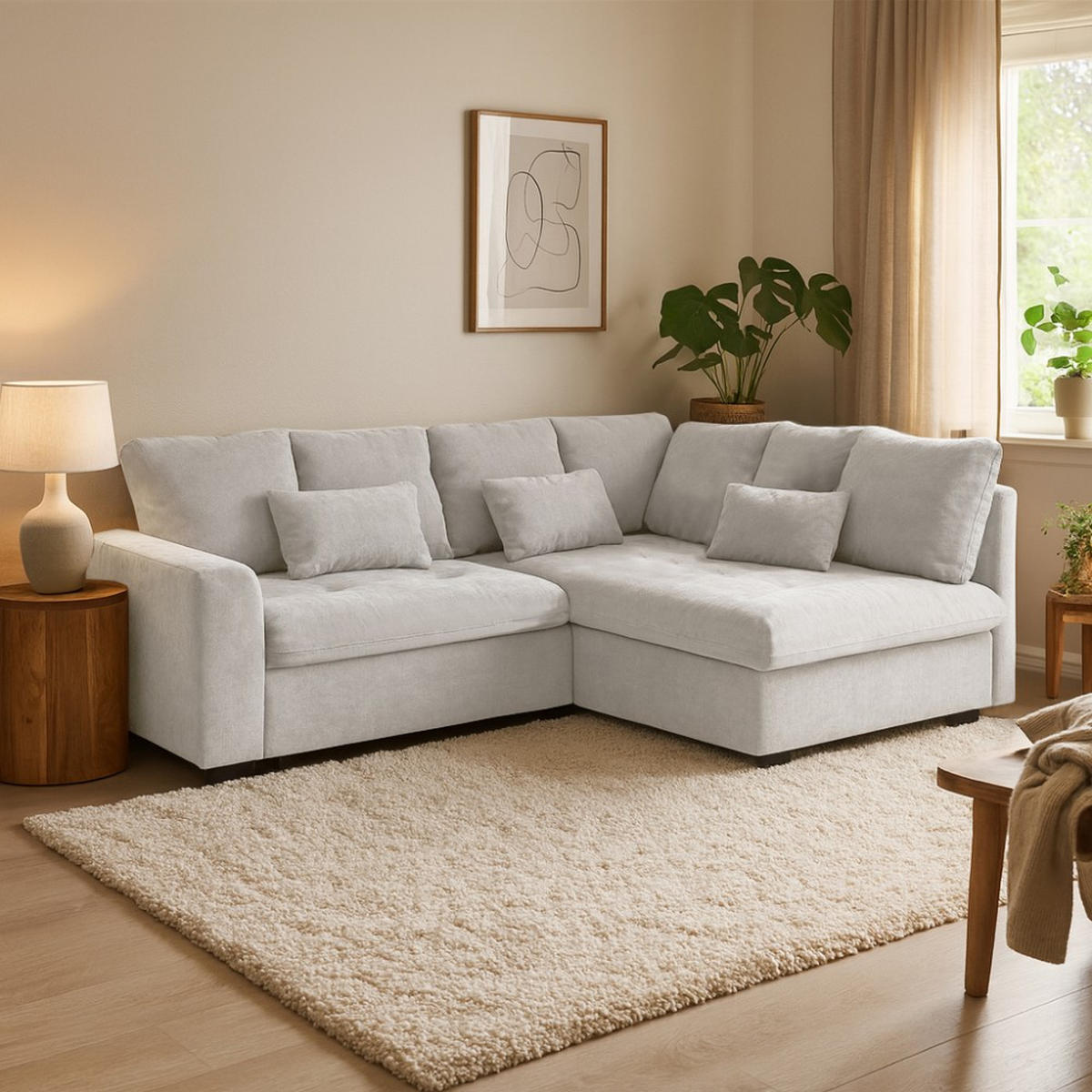 ECKSCHLAFSOFA Ramo mit Bettkasten, Topper gratis, Beige, rechts - Beige/Schwarz, Textil (229/190cm) - Beautysofa