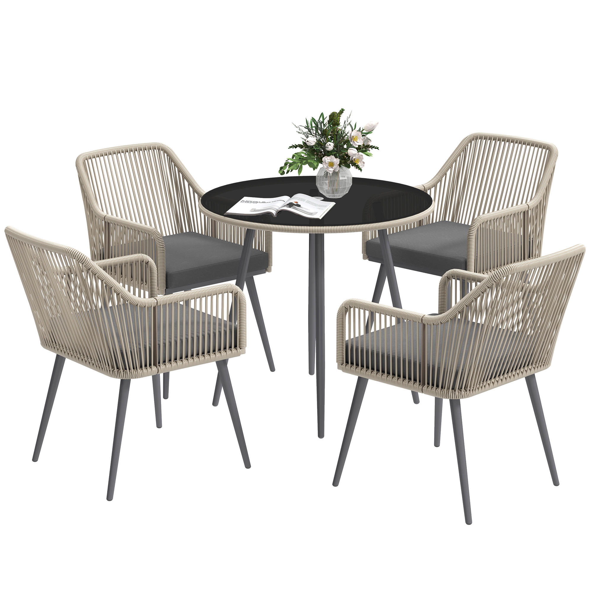 GARTENSET DE-13607 5-teilig mit Glastisch & Kissen Braun - Braun, Metall - ComfortXL