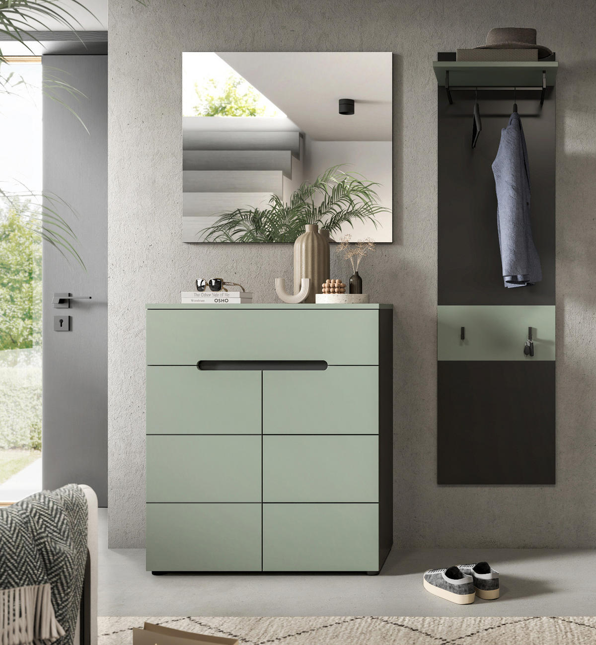 GARDEROBE-SET Salbei und grau, Garderobe 3-teilig, 140 x 190 cm, Soft-Close, Cooper - Salbeigrün/Dunkelgrau, Holzwerkstoff/Kunststoff (140/190/37cm) - Inn.Furn