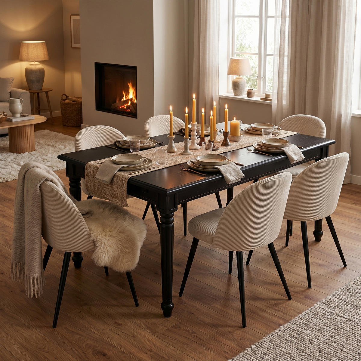 ESSGRUPPE Amaretta mit Esstisch Schwarz und 6 Stühlen Samt Beige, 180 x 100 cm - Sandfarben, Holz/Textil (180/75/100cm) - ebuy24