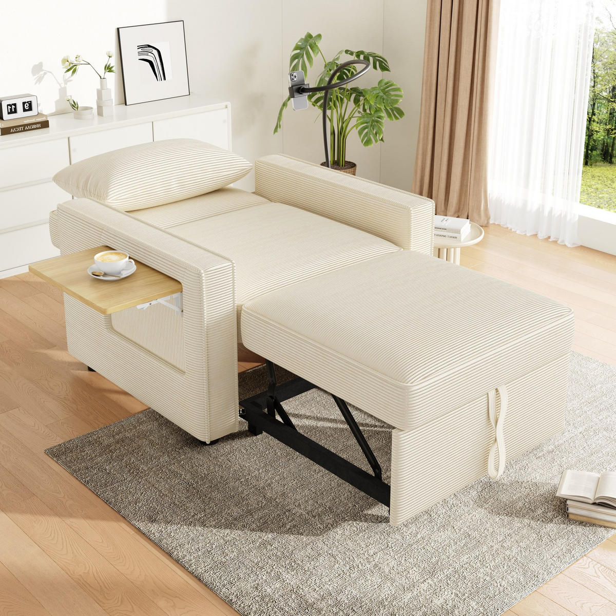 SCHLAFSOFA aus Cord 93x150x85 cm Beige mit USB- und Type-C-Anschluss, 3-fach verstellbarer Rückenlehne und Beistelltisch - Beige, Textil (150/85/93cm) - Modfu