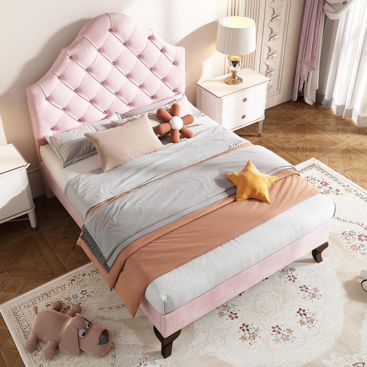 BETT mit verstellbarem Kopfteil 90x200 cm Samt Pink - Pink, Metall (90/200cm) - Meubliv