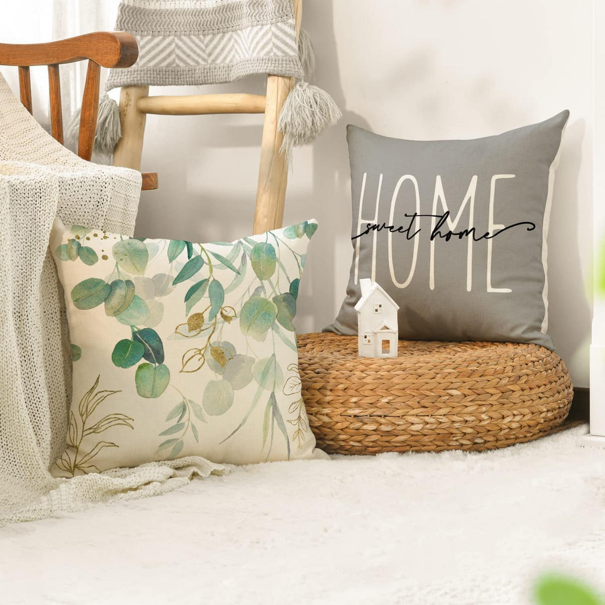 KISSENHÜLLE 4er Set, Eukalyptus Gold, Leinen, Warm Home, 45x45cm - Beige, Textil (45/45cm) - Authentics