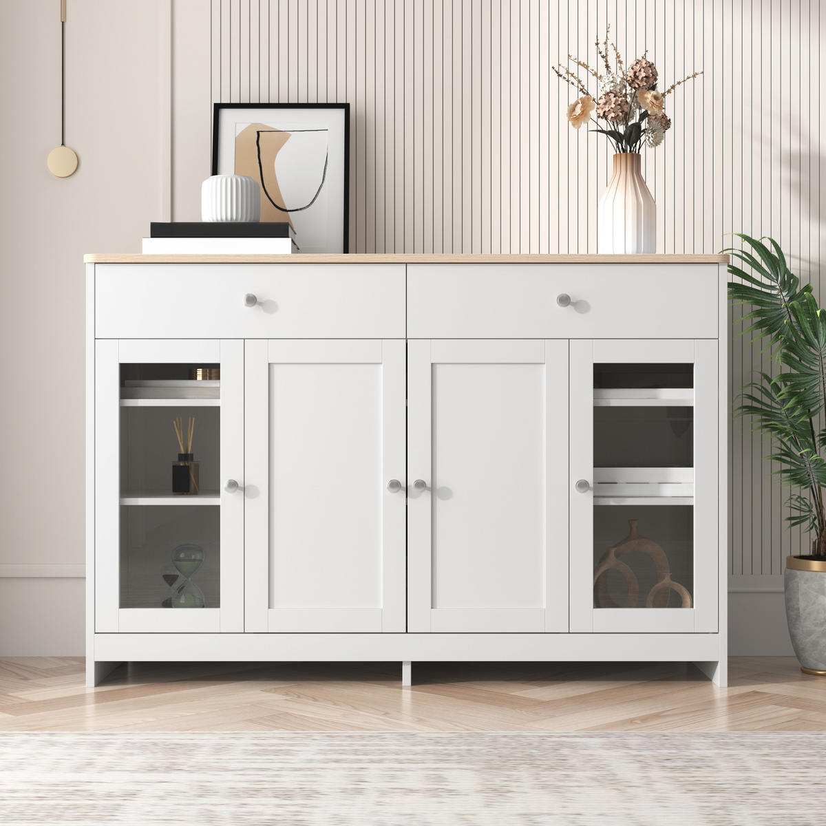SIDEBOARD in Naturfarben und Weiß Kommode mit Glastüren für Wohnzimmer und Esszimmer, B120/T37/H80 cm - Weiß/Naturfarben, Glas/Holzwerkstoff (120/80/37cm) - STILVORA
