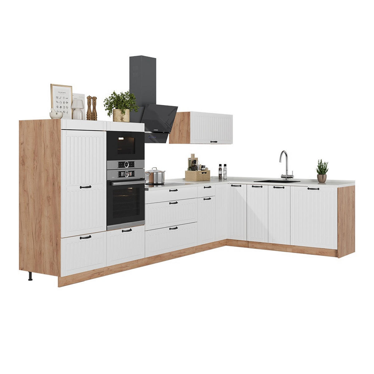 KUHINJA U OBLIKU SLOVA L Fame-Line, Bijela Seoska/Hrast zlatnog tona, 347 x 207 cm bez radne ploče - bijela/hrast medunac, drvni materijal (347/153.6/51.6cm) - Vicco