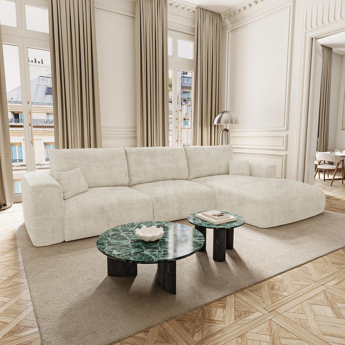 ECKSOFA rechtwinklig COMO Cord Creme 297cm - Creme, Textil (297/167cm) - Premium Interiors
