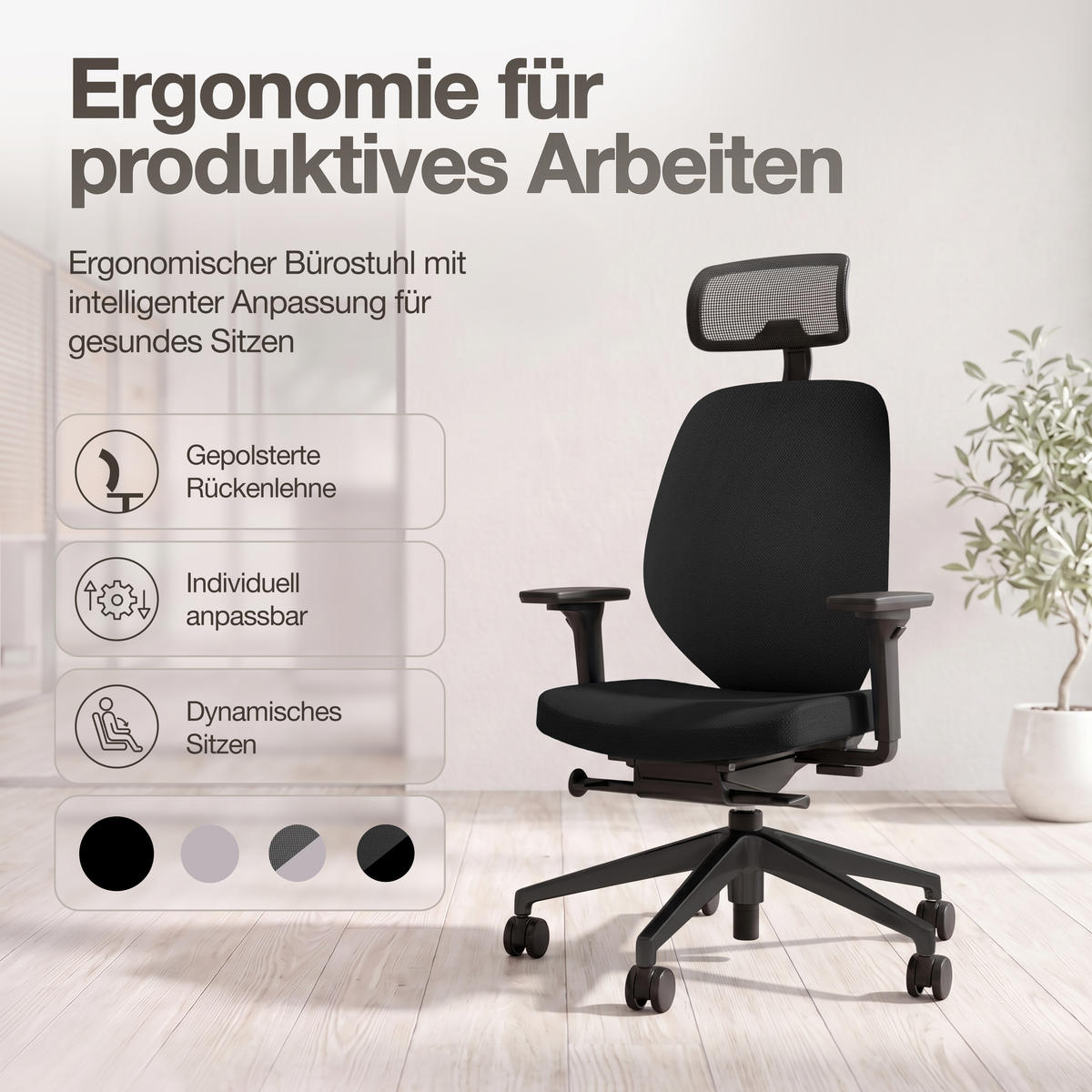 DREHSTUHL Ergonomischer Bürostuhl Atessa mit Polsterrücken und Kopfstütze / Mit Kopfstütze Schwarz Ergonomischer Polsterrücken - Schwarz, Textil (62.5/120.5/45cm) - ASSMANN