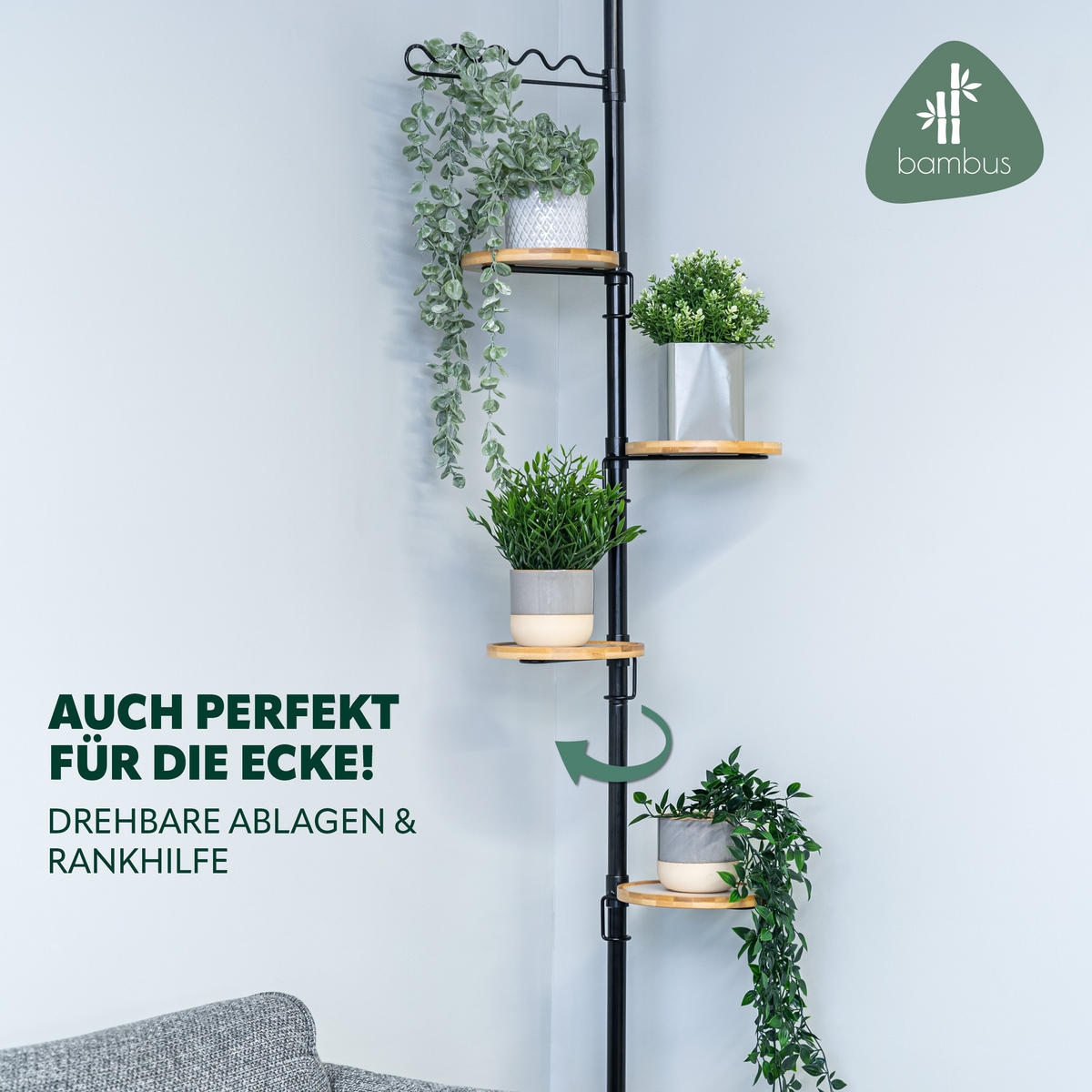 TELESKOP-BLUMENREGAL mit 4 Bambusablagen, schwarz - Schwarz, Metall (53/290/20cm) - bremermann