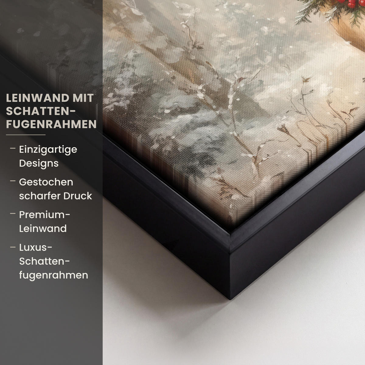 LEINWAND Bilder mit Rahmen - Weihnachten - Rentier - Winter - Kranz - 30x20 - Naturfarben, Textil (30/20cm) - MuchoWow