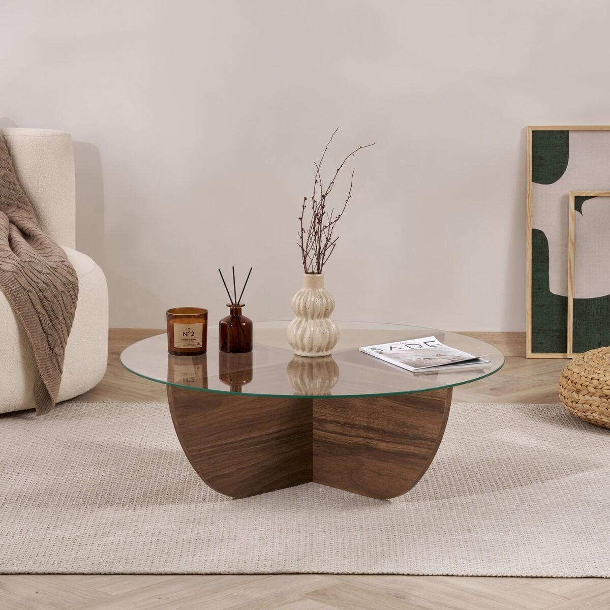 COUCHTISCH mit Glasplatte Nina 90/90/30 cm - Naturfarben, Holzwerkstoff (98/90/30cm) - Calicosy