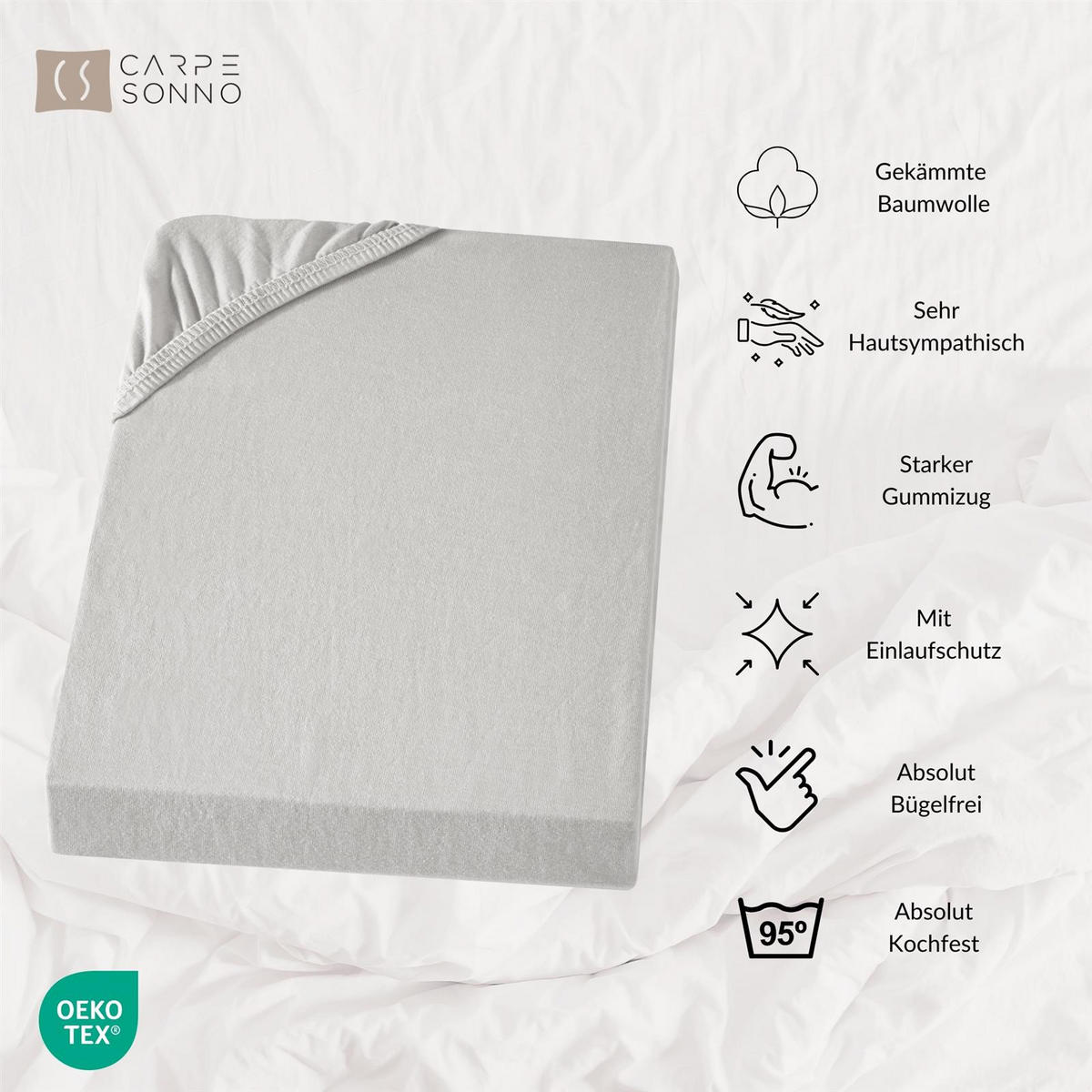 SPANNBETTLAKEN-BOXSPRINGBETT 140x200 - 160x200 Jersey Spannbetttuch 100% Baumwolle, Bettlaken Uni Hellgrau - Hellgrau, Textil (140/200cm) - Carpe Sonno