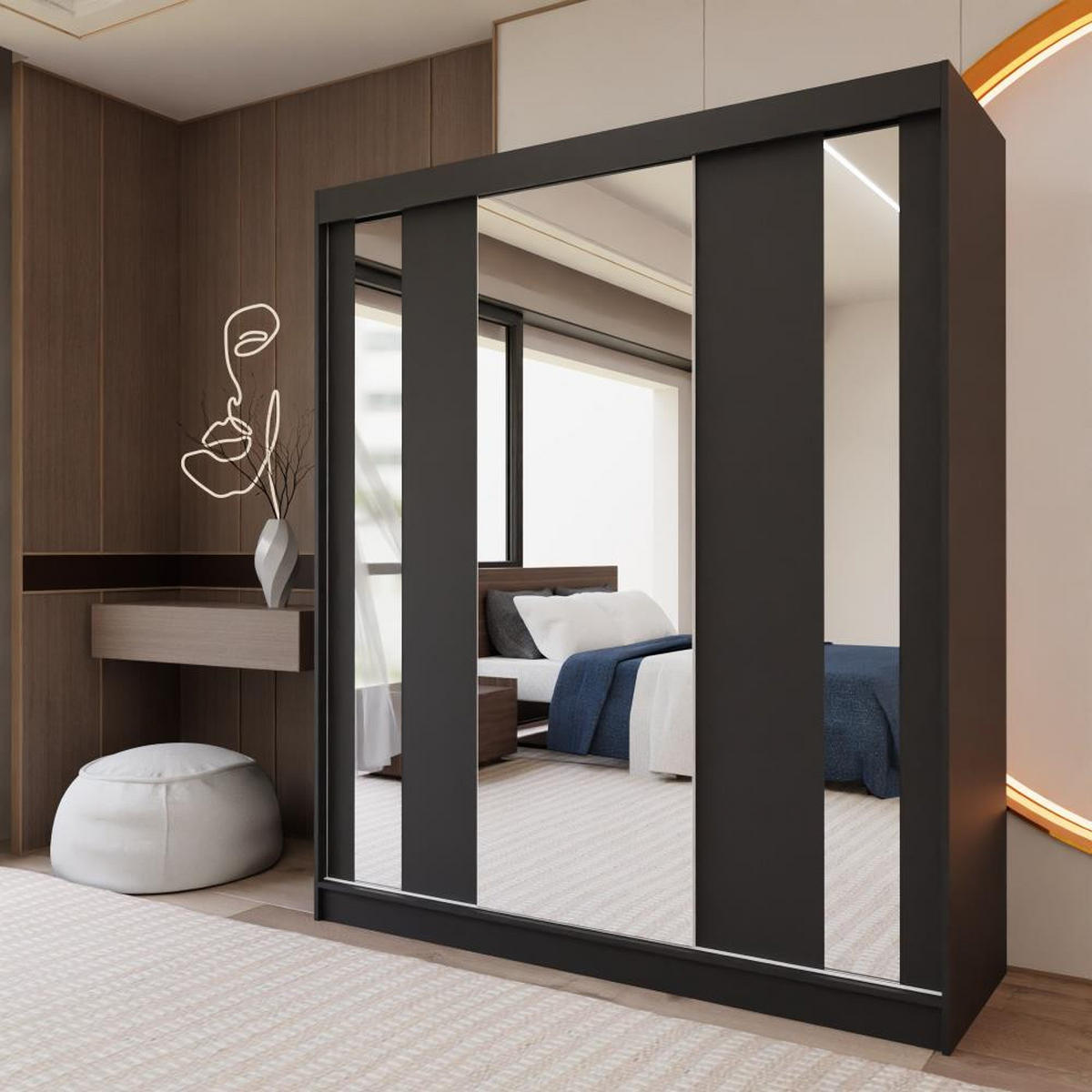 SCHWEBETÜRENSCHRANK Gaja 180/216/61 schwarz mit Spiegel Schubladeneinsatz - Schwarz, Holzwerkstoff (180/216/61cm) - Beautysofa