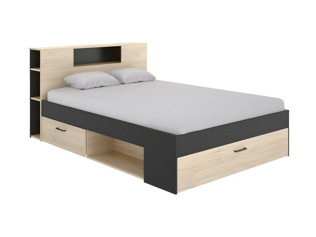 BETT mit Kopfteil, Stauraum & Schubladen + Lattenrost + Matratze - 140 x 190 cm - Naturfarben & Anthrazit - LEANDRE - Anthrazit, Holz (149.6/218.5cm) - Vente-Unique