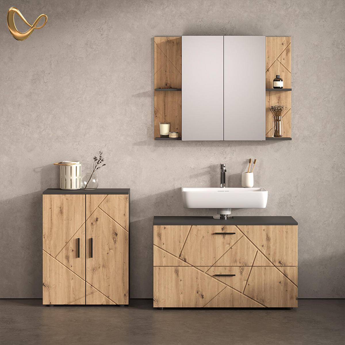 BADMÖBEL-SET Ronco, Anthrazit/Artisan-Eiche, 3-teilig - Anthrazit/Eiche Artisan, Holzwerkstoff (100.1/60.6/41cm) - Livinity®