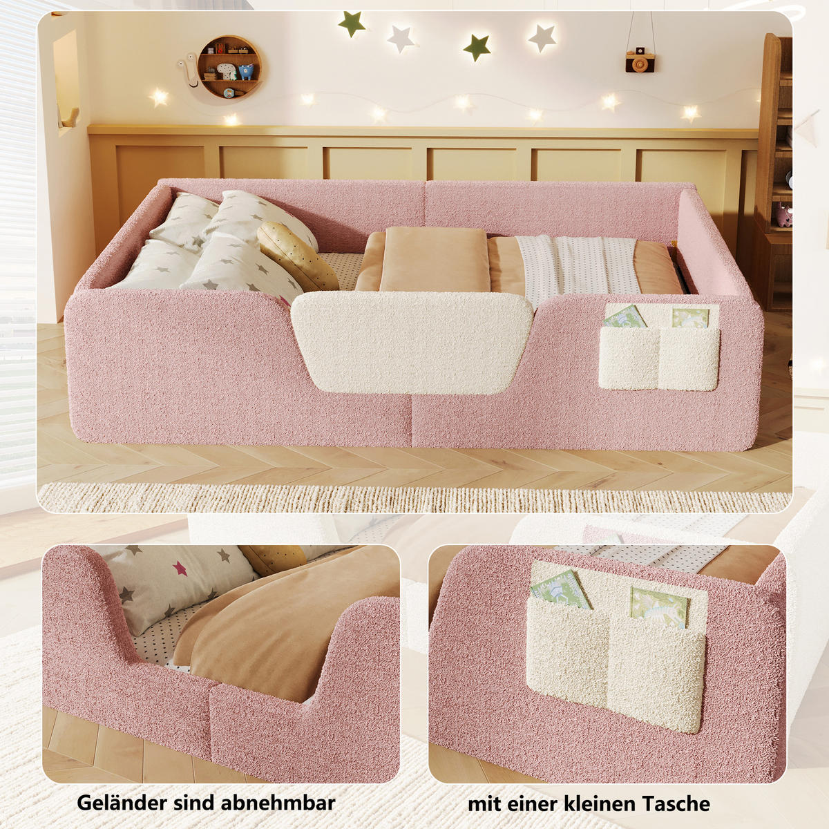 KINDERBETT 140/190 cm in Rosa mit abnehmbaren Seitengittern und Stofftasche Samt - Rosa, Holzwerkstoff/Textil (140/190cm) - STILVORA