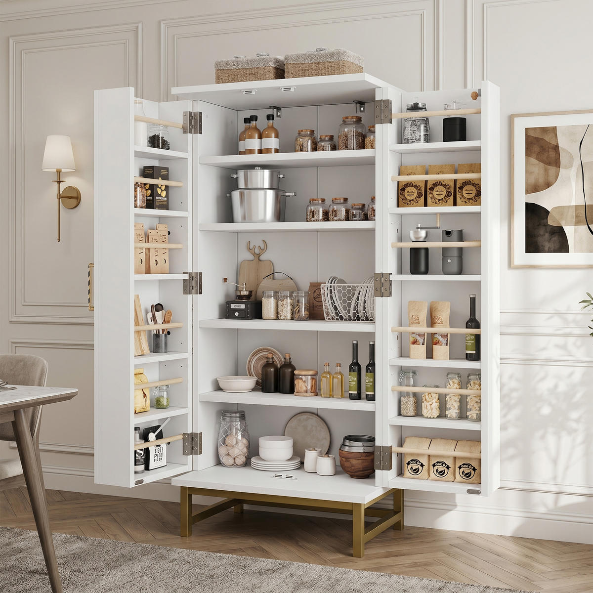 BUFFET mit verstellbaren Einlegeböden und Türfächern Weiß + Gold 60/40/130 cm - Weiß, Holzwerkstoff/Metall (60/130/40cm) - EVRYAE