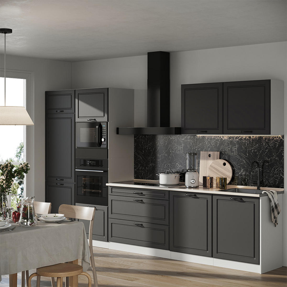 KÜCHENZEILE R-Line, Anthrazit Landhaus/Weiß, 340 cm Arbeitsplatte Anthrazit - Anthrazit/Weiß, Holzwerkstoff (340/206.8/60cm) - Vicco