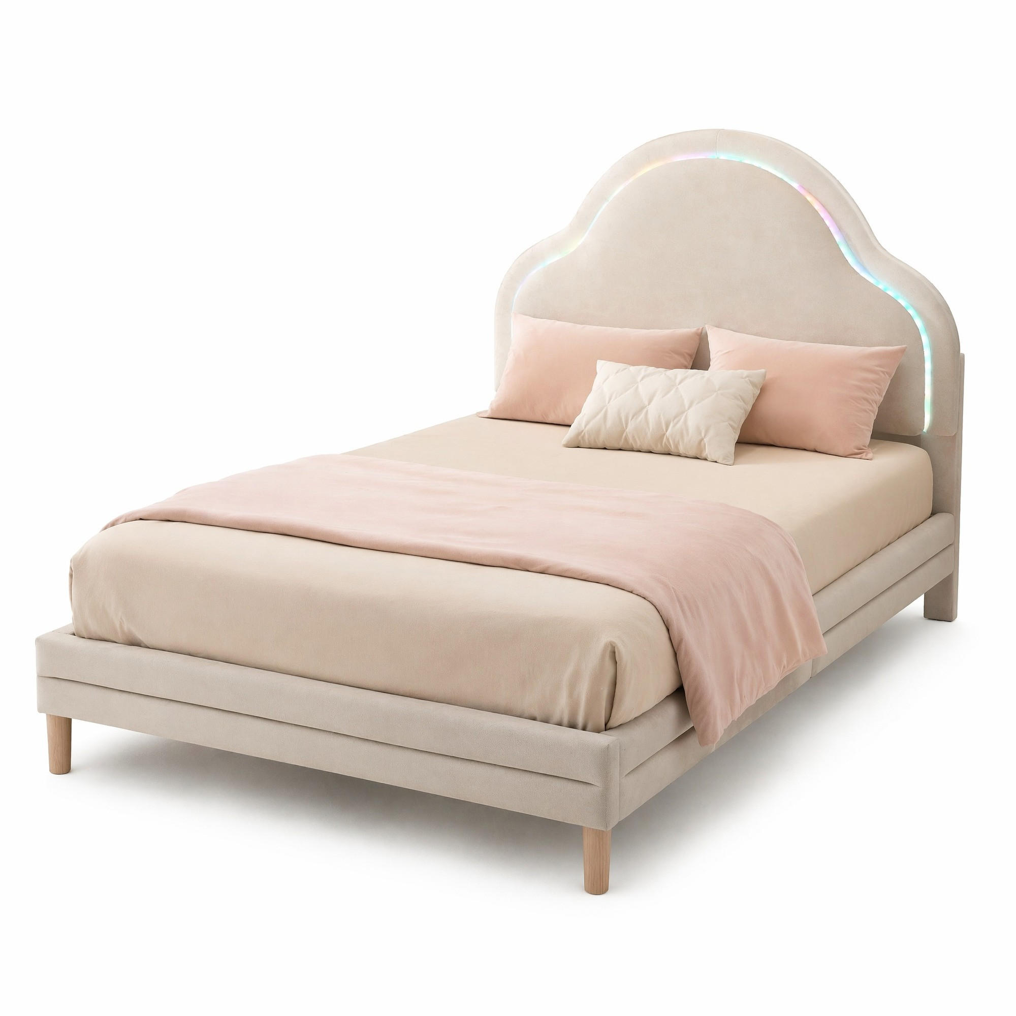 POLSTERBETT 90/200 cm in Beige Samt mit LED und Wolken-Kopfteil - Beige, Holzwerkstoff/Textil (90/200cm) - CHICFURN