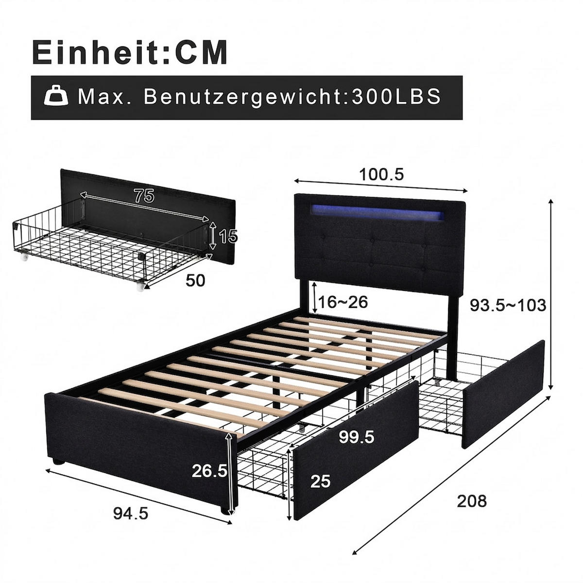 POLSTERBETT 90/200 cm Schwarz LED-Beleuchtung und 2 Schubladen, Ohne Matratze - Schwarz, Holz/Textil (90/200cm) - Oxeza