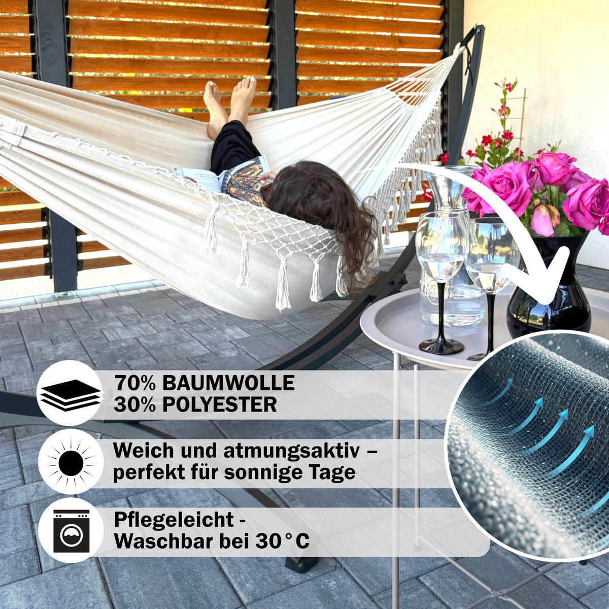 HÄNGEMATTE mit Gestell, 2 Personen, XXL, 200 kg, Metall, Santia Beige, einfache Montage - Beige, Metall (370/130/120cm) - Potenza