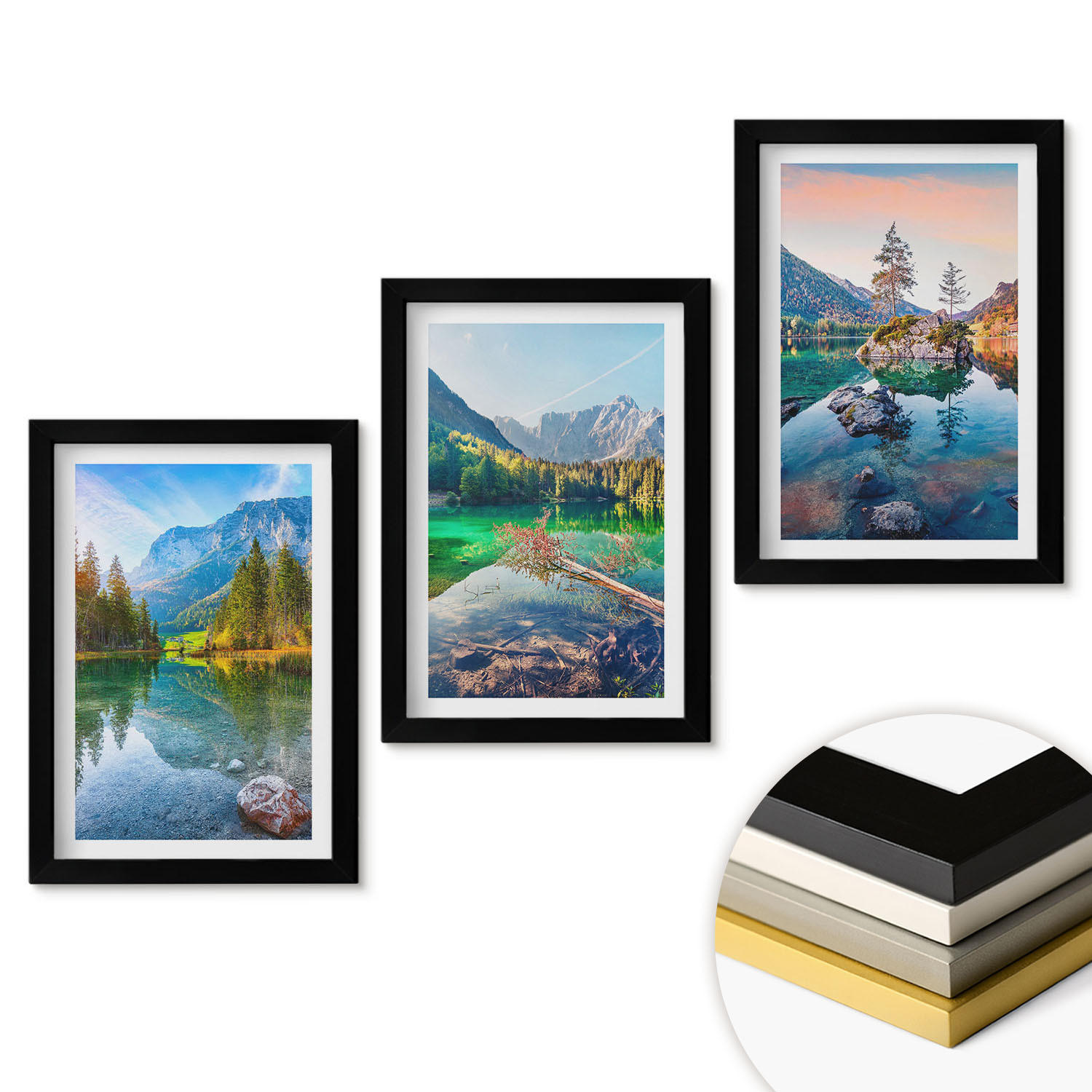 WANDBILDER 3er-Set - 20x30 cm Schwarzer Rahmen - Naturlandschaft der Bergseen - Schwarz, Kunststoff (20/30cm) - ArtPrintCave