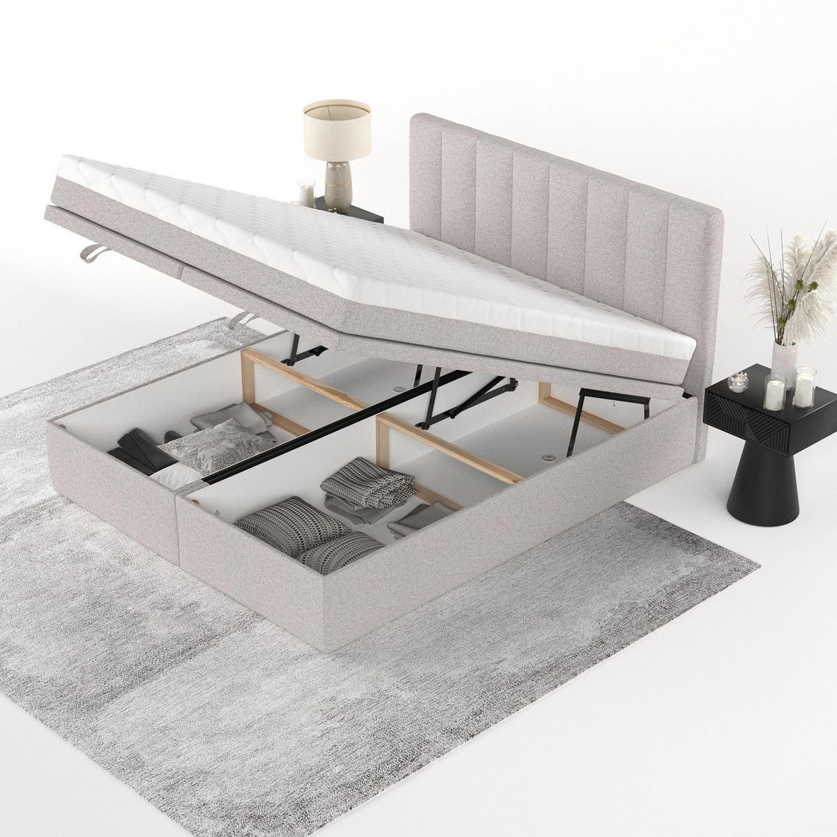 BOXBETT Lume 180/200 cm Beige im Riva Stoff - Beige/Schwarz, Holz/Holzwerkstoff (180/200cm) - AltaBeds