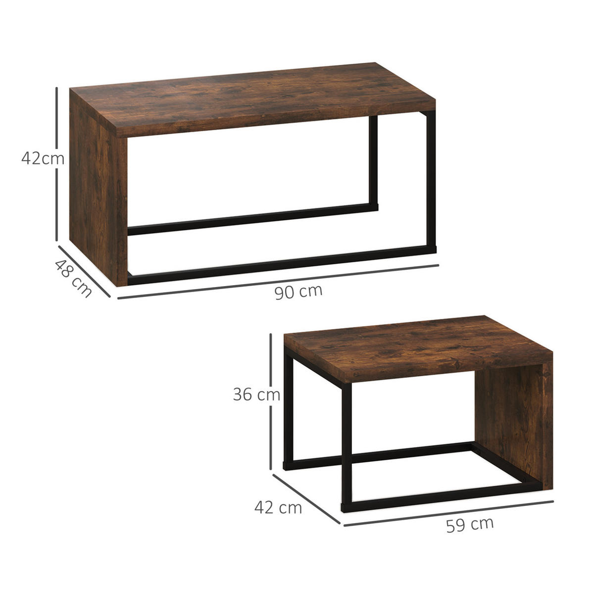 SADA konferenčních stolků 90/48/42 cm rustikálně hnědá z dřeva s kovovou podnoží - hnědá, dřevo (90/48/42cm) - OKWISH