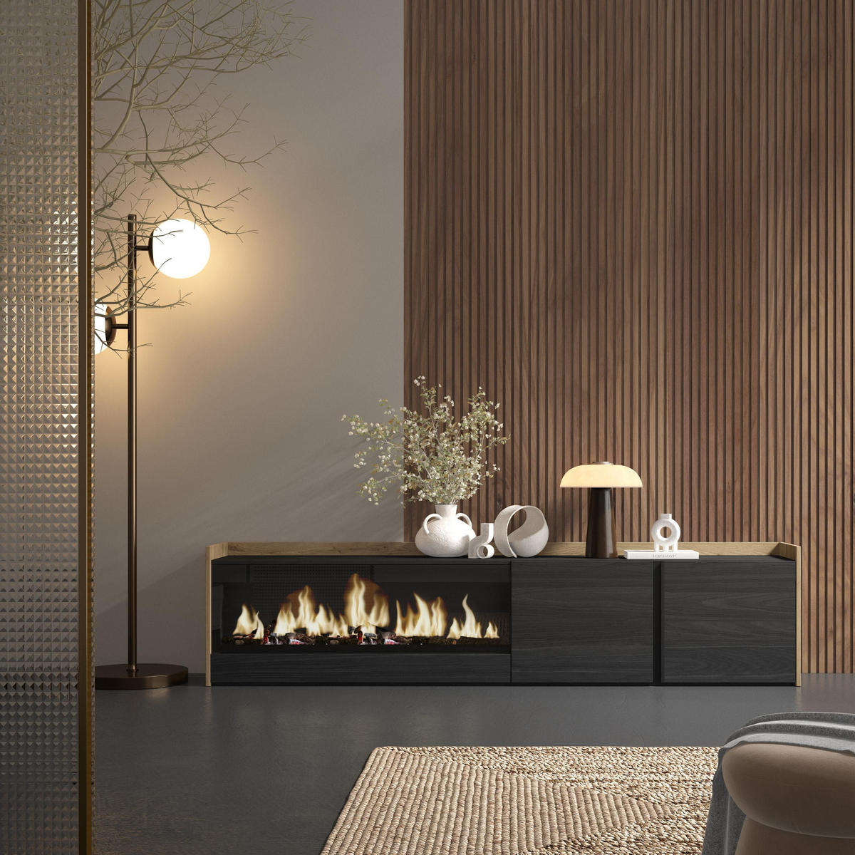LOWBOARD, Schwarz und Eiche, 212/35/50cm, Kamin mit Feuereffekt XXL - Schwarz, Holzwerkstoff (212/50/35cm) - Skraut Home