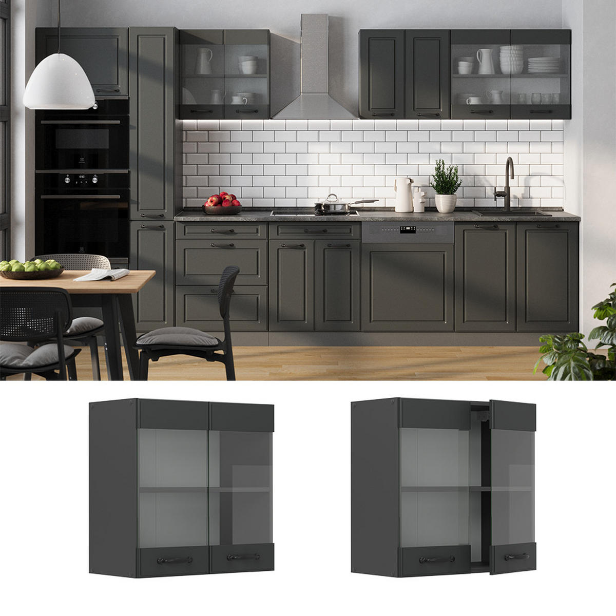 KÜCHENGLASHÄNGESCHRANK R-Line Anthrazit Landhaus 60 cm - Anthrazit, Holzwerkstoff (60/60/31cm) - Vicco