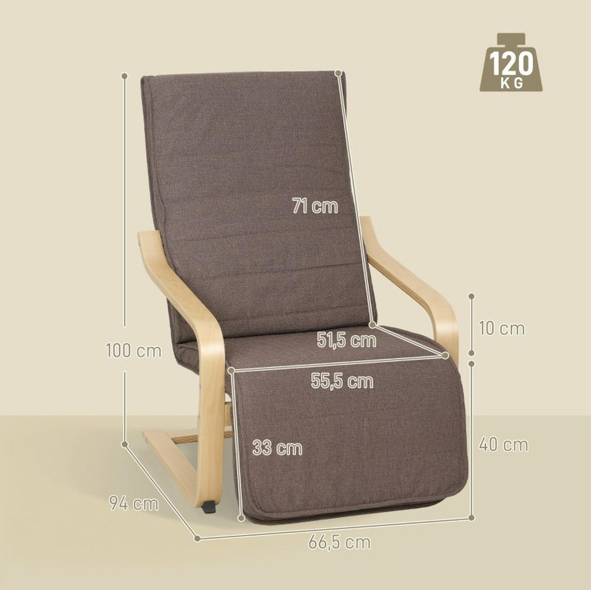 RELAXSESSEL in Braun 94x66,5x100 cm mit 5-fach verstellbarer Beinstütze und Birkenholzrahmen - Braun, Textil (66.5/100/94cm) - IVMEU