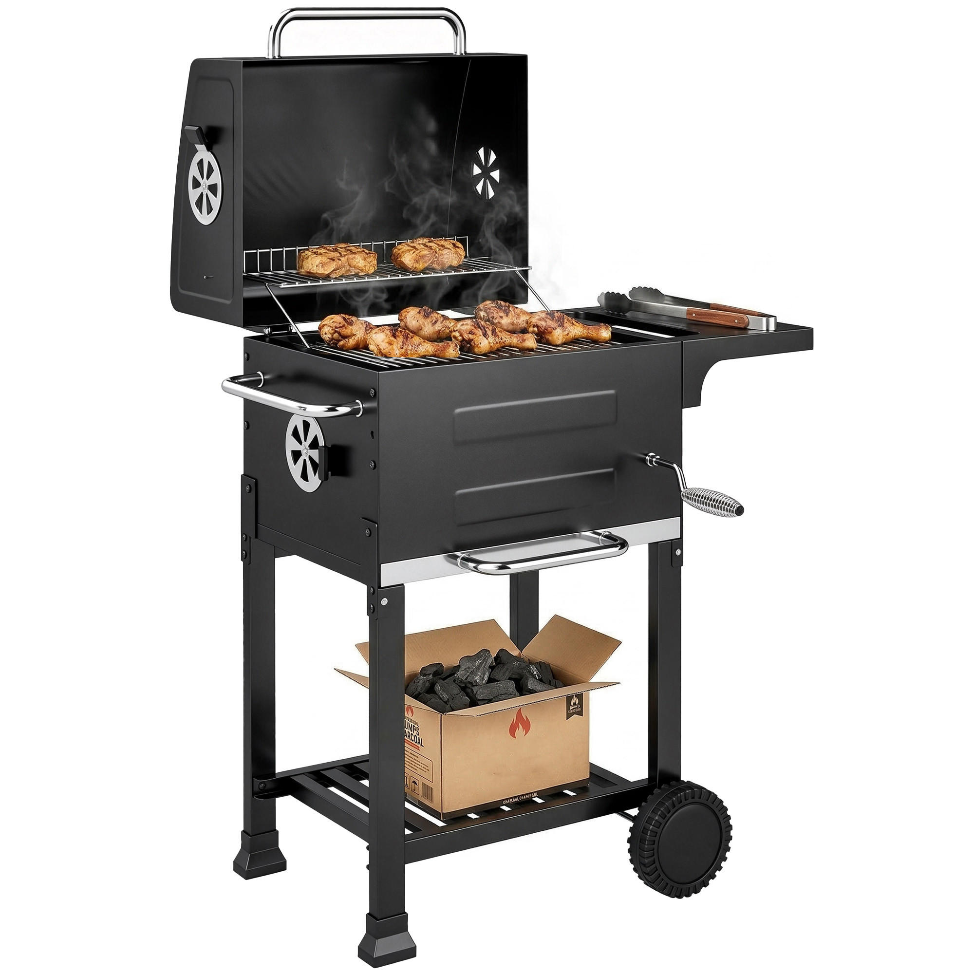 HOLZKOHLEGRILL DE-10244 kompakt mit Deckel und Thermometer Schwarz - Schwarz, Metall (59/94/75cm) - ComfortXL