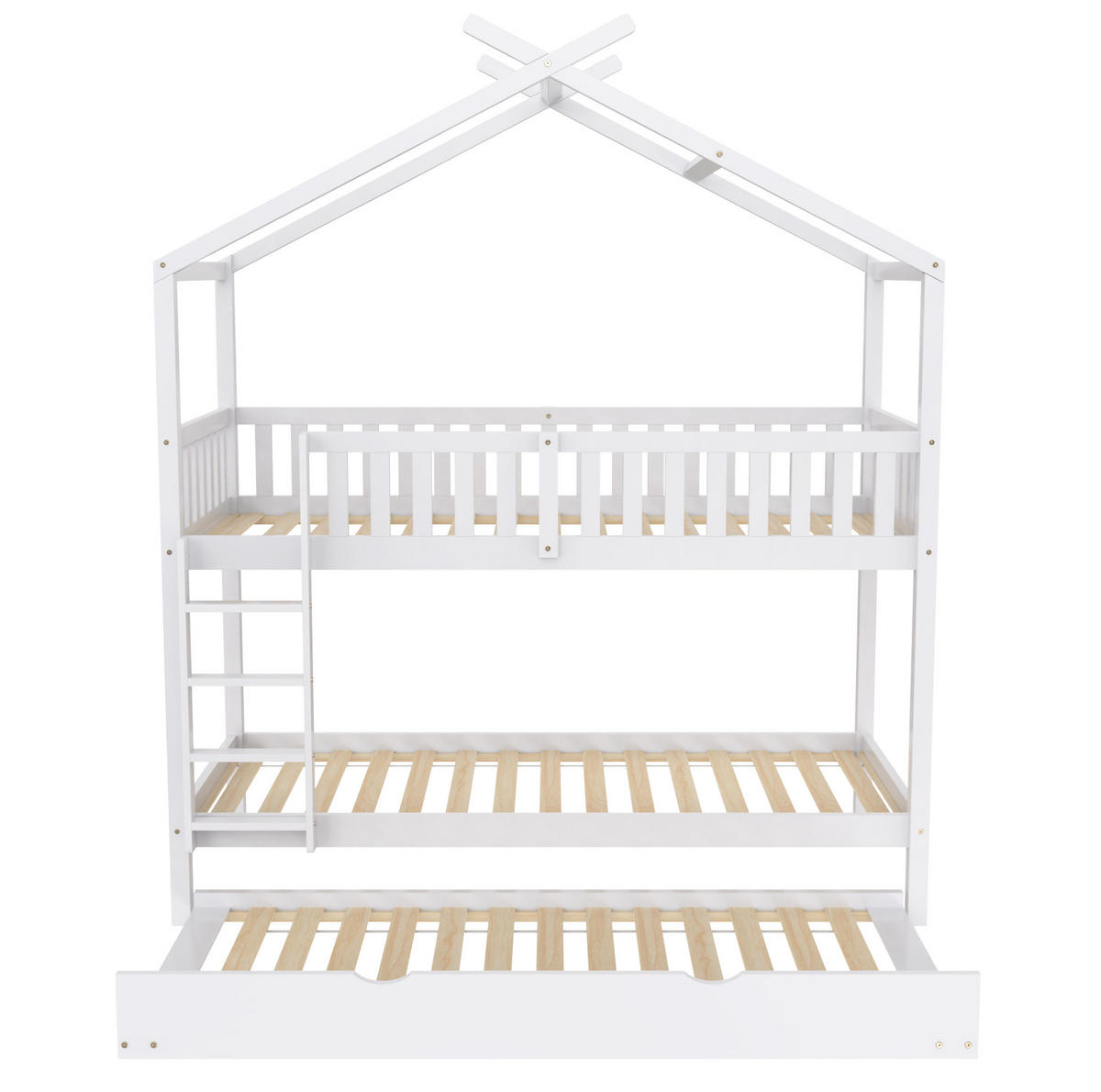 HAUSBETT 90/200 cm in Weiß – aus Kiefernholz mit Rollbett - Weiß, Holz (90/200cm) - BEAOK