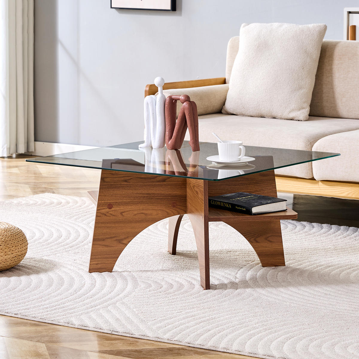 COUCHTISCH 80/80/40 cm Transparent Nussbaum MDF mit Sicherheitsglas und Ablagefach - Walnussfarben, Holzwerkstoff (80/80/40cm) - OKWISH