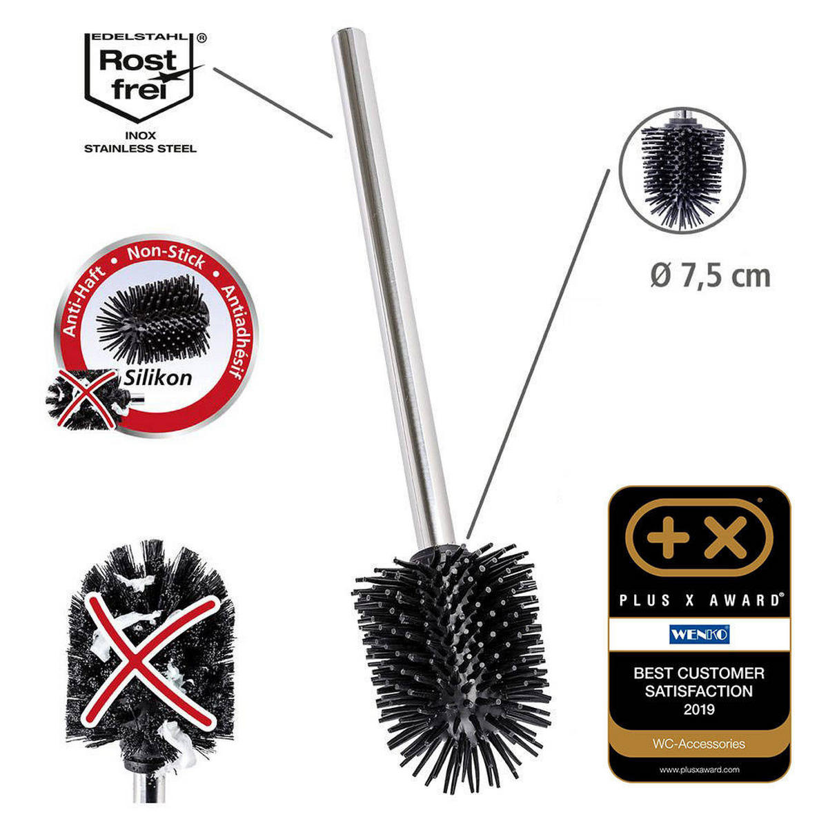 SILIKON-WC-BÜRSTE 7,5/7,5/35 cm - Schwarz, Kunststoff (7.5/35/7.5cm) - Wenko