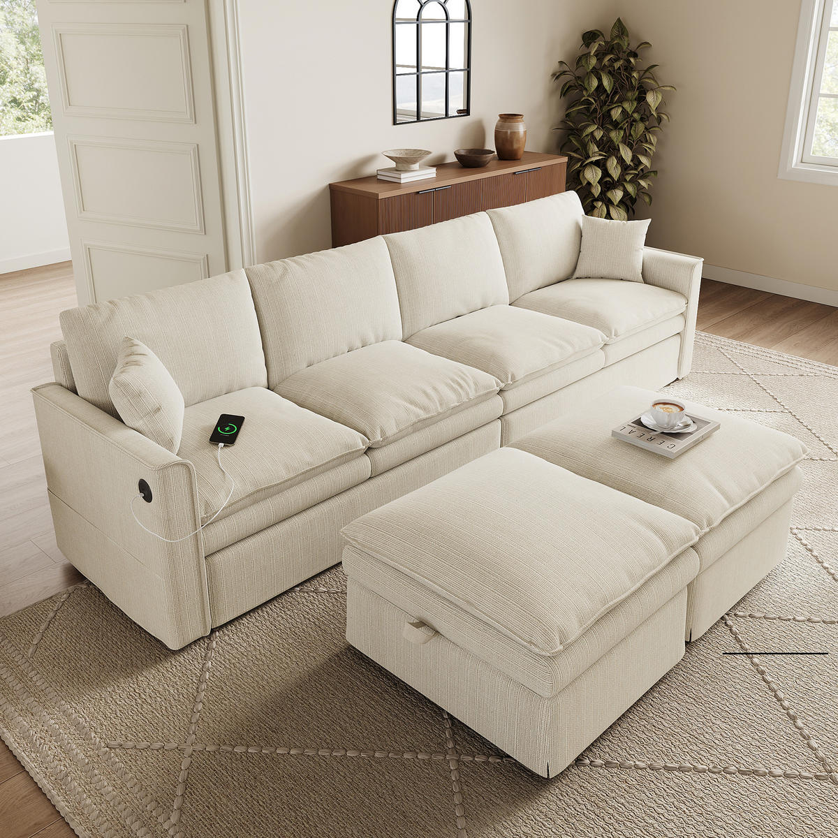 WOHNLANDSCHAFT U-/L-Form 6-Sitzer Modulsofa mit 2 Stauraum-Hockern, DE-42512, Beige - Beige, Holzwerkstoff (277/80/135cm) - ComfortXL