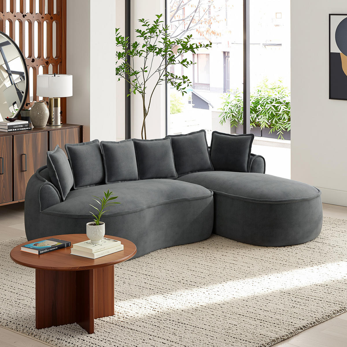 ECKSOFA chenille mit extra tiefer chaiselongue & rahmenlosem design - Grau, Textil (252/164cm) - Urban Meuble