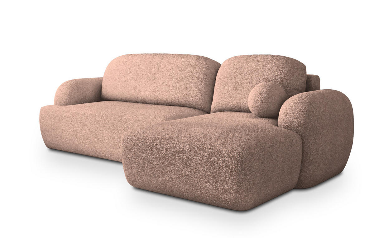 ECKSOFA MODENZA N R-S Rosa Boucle-Stoff mit Schlaffunktion - Rosa, Holz (266/148cm) - MASSENO