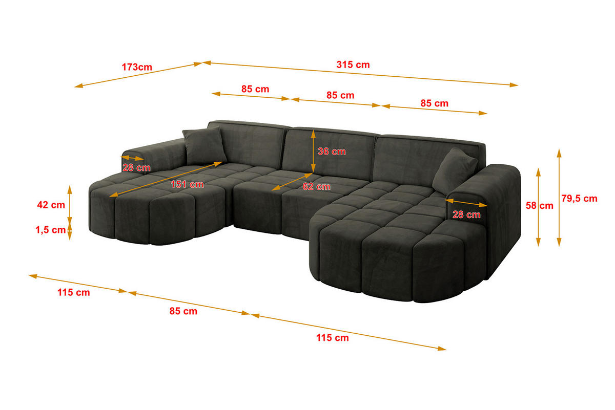 WOHNLANDSCHAFT LIVO-U1 - 315x173x79,5 cm Schwarz - Schwarz, Holzwerkstoff/Textil (315/79/173cm) - ALTDECOR