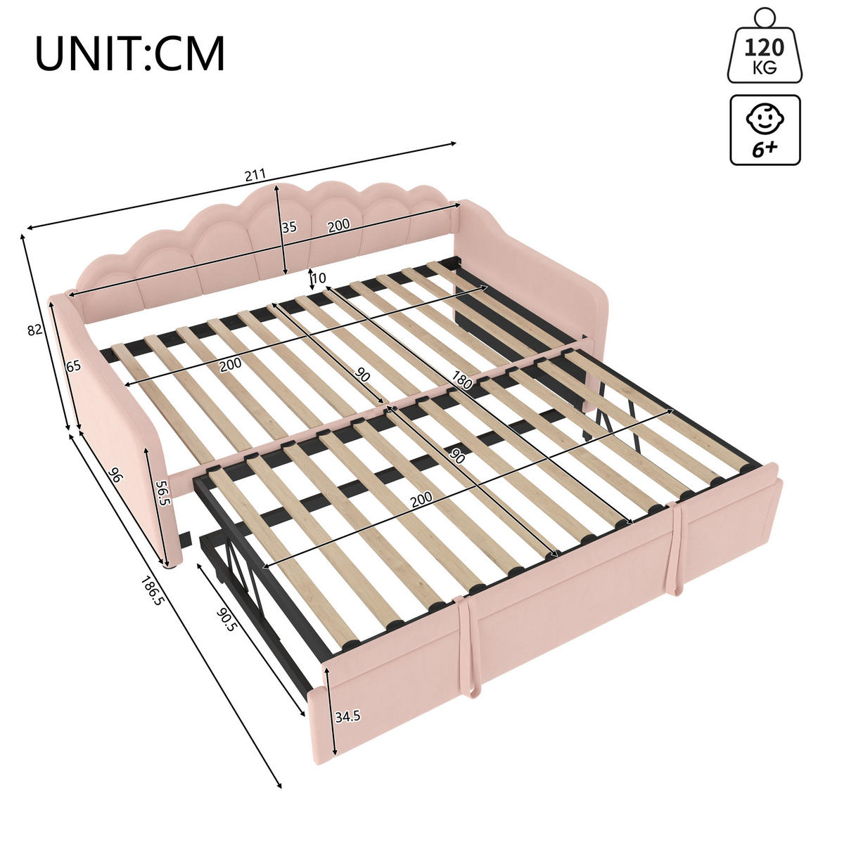 TAGESBETT aus Samt und MDF 90x200 cm Rosa mit Ausziehbett, LED-Beleuchtung und Liegefläche 180x200 cm - Rosa, Textil (90/190cm) - IVMEU
