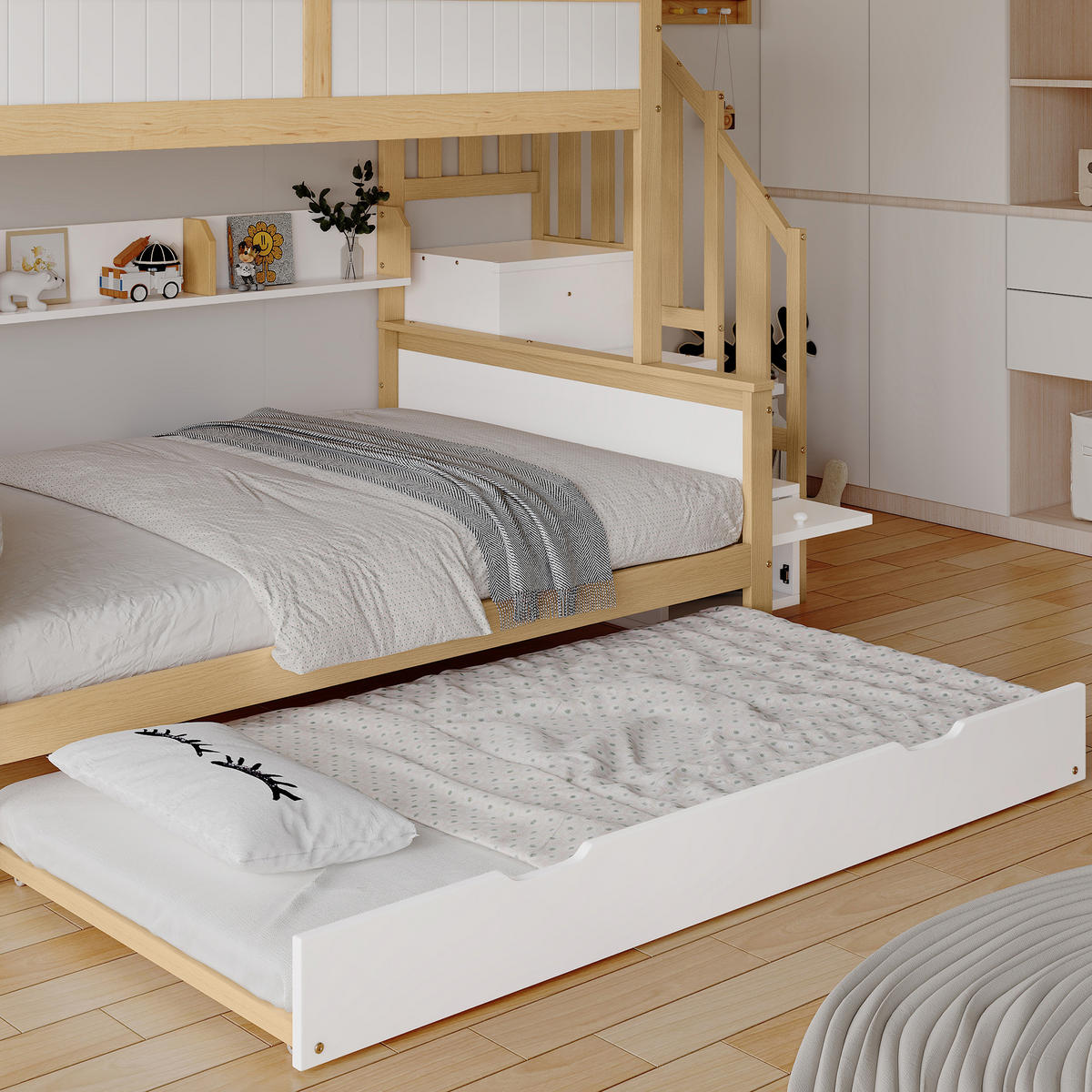 ETAGENBETT Etagenbett mit Rollbett Weiß/Natur - Naturfarben, Holz (90/200cm) - ComfortXL