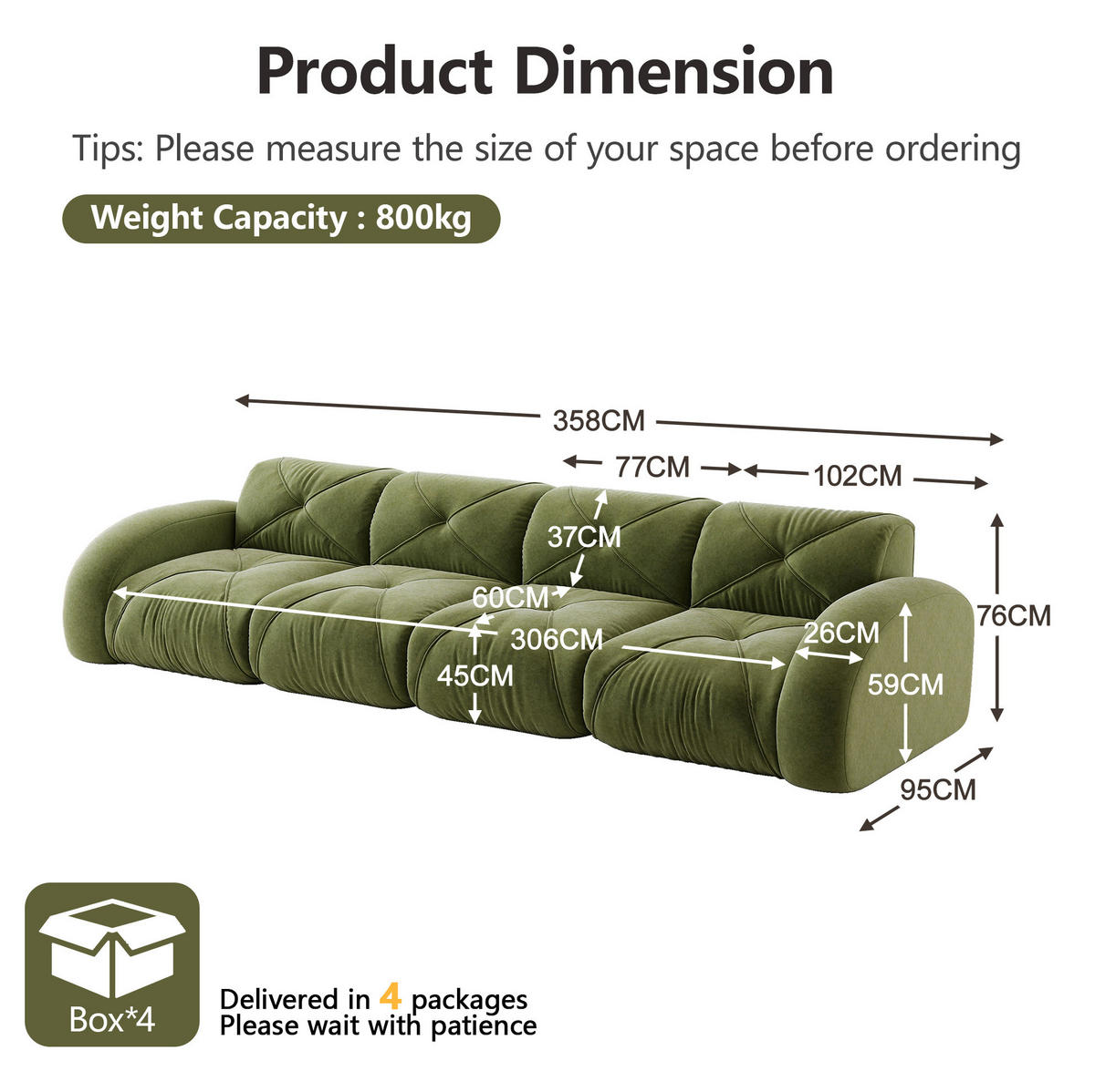 SOFA modular rahmenlos Chenille Green - Grün, Kunststoff (95/76/358cm) - Meubliv