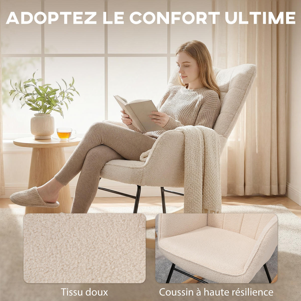 SCHAUKELSTUHL DE-17372 Bouclé-Wolloptik mit Stahlgestell Beige - Beige, Metall (98/101/71cm) - ComfortXL