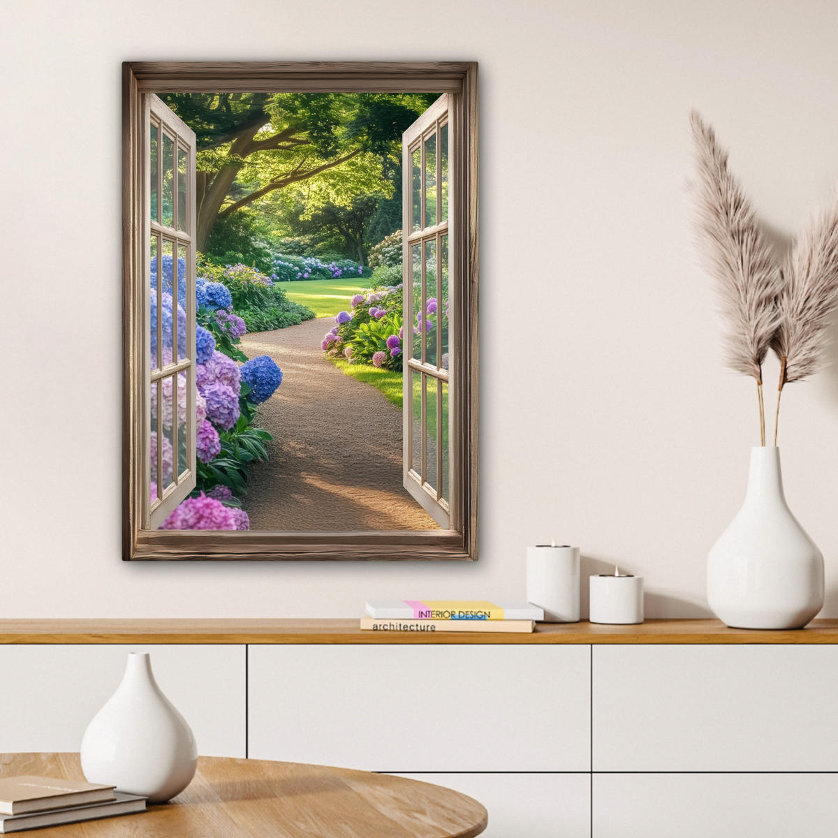 LEINWANDBILD Aussicht - Garten - Fenster - Hortensie - Blumen 60x80 cm - Pastellblau, Textil (60/80cm) - MuchoWow