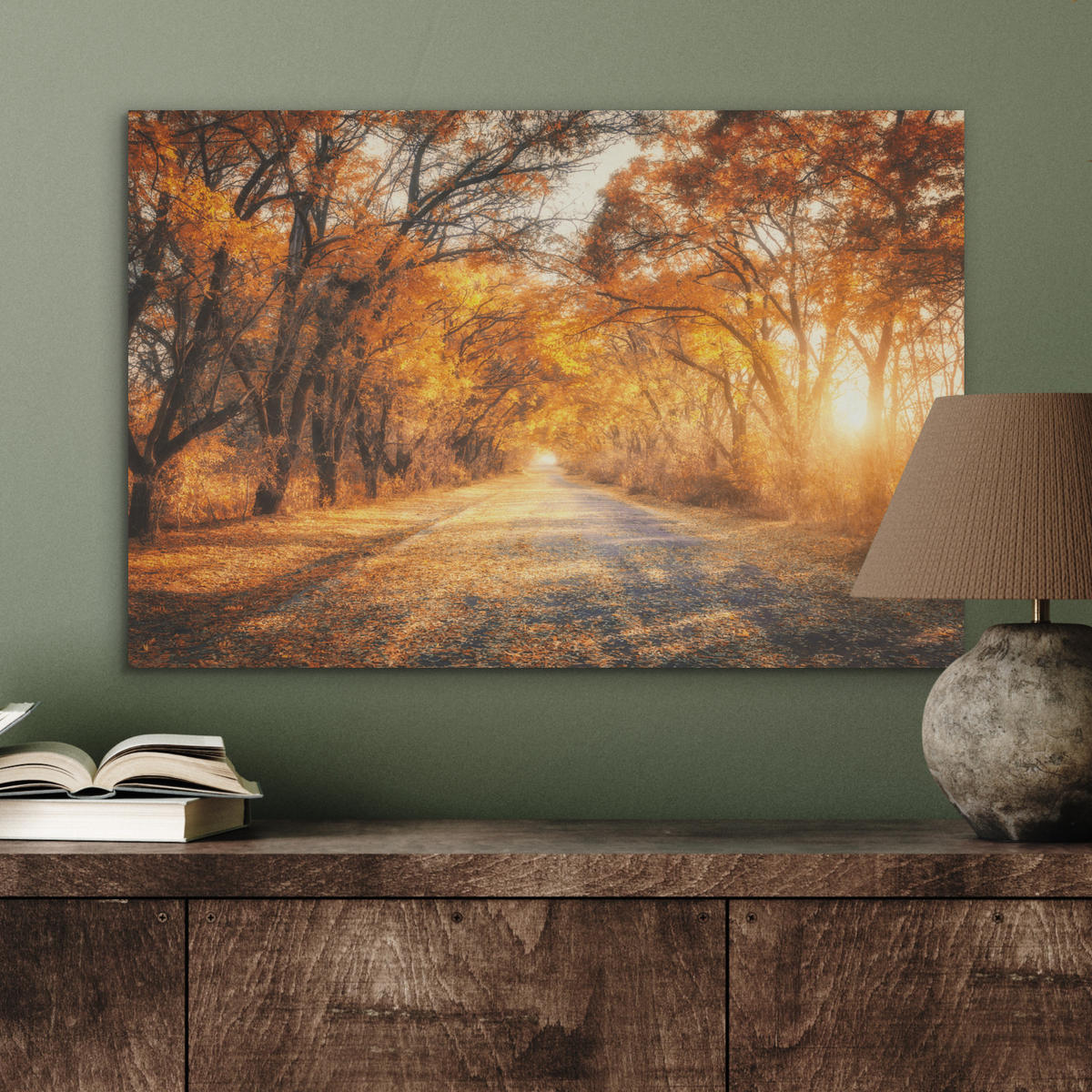 AKUSTIKBILD Wald - Herbst - Bäume - Waldweg - Natur Wanddeko 70x50 cm - Bernsteinfarben, Kunststoff (70/50/0.9cm) - MuchoWow