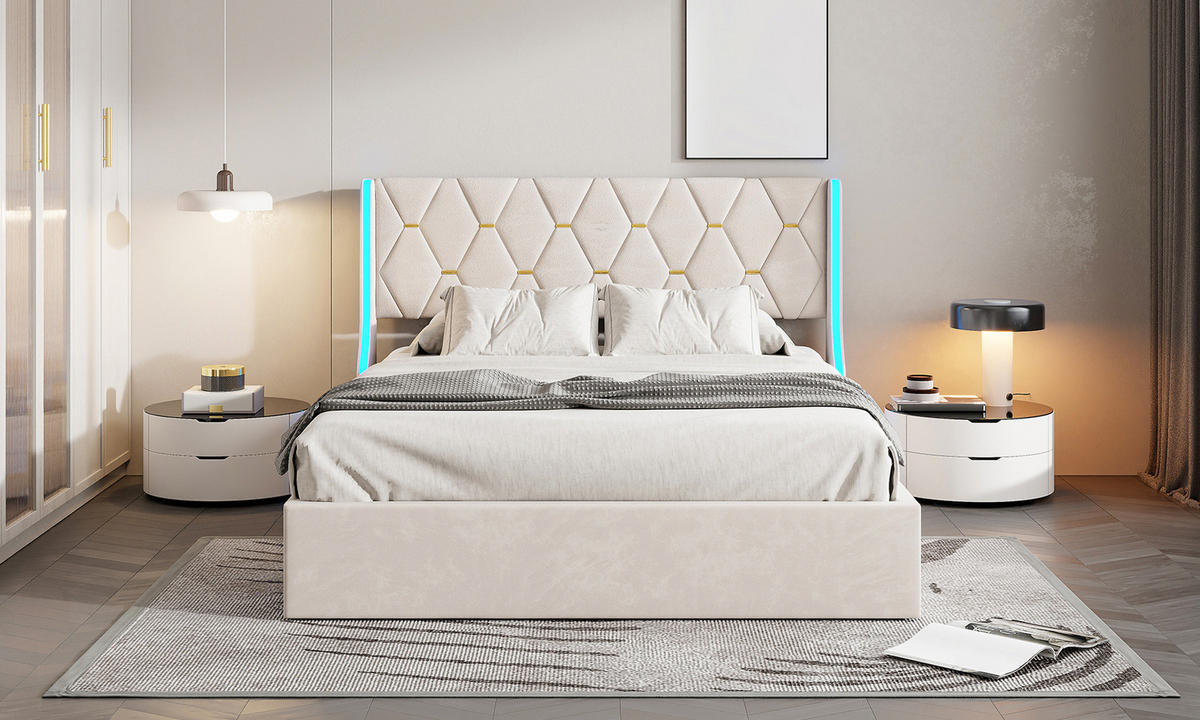 POLSTERBETT 140x200 cm mit LED, Doppelbett 140x200 cm mit Bettkasten, Lattenrost, Bett 140x200, Beige samt - Beige, Holzwerkstoff/Textil (140/200cm) - GENKI LIVING